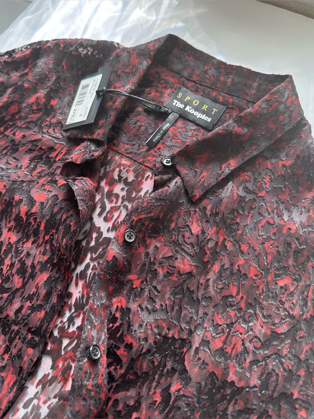 The Kooples Red and Black Silk Blend Sheer Button-Up Blouse